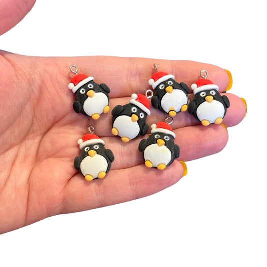 6pcs Winter Christmas Penguins in santa hat charms