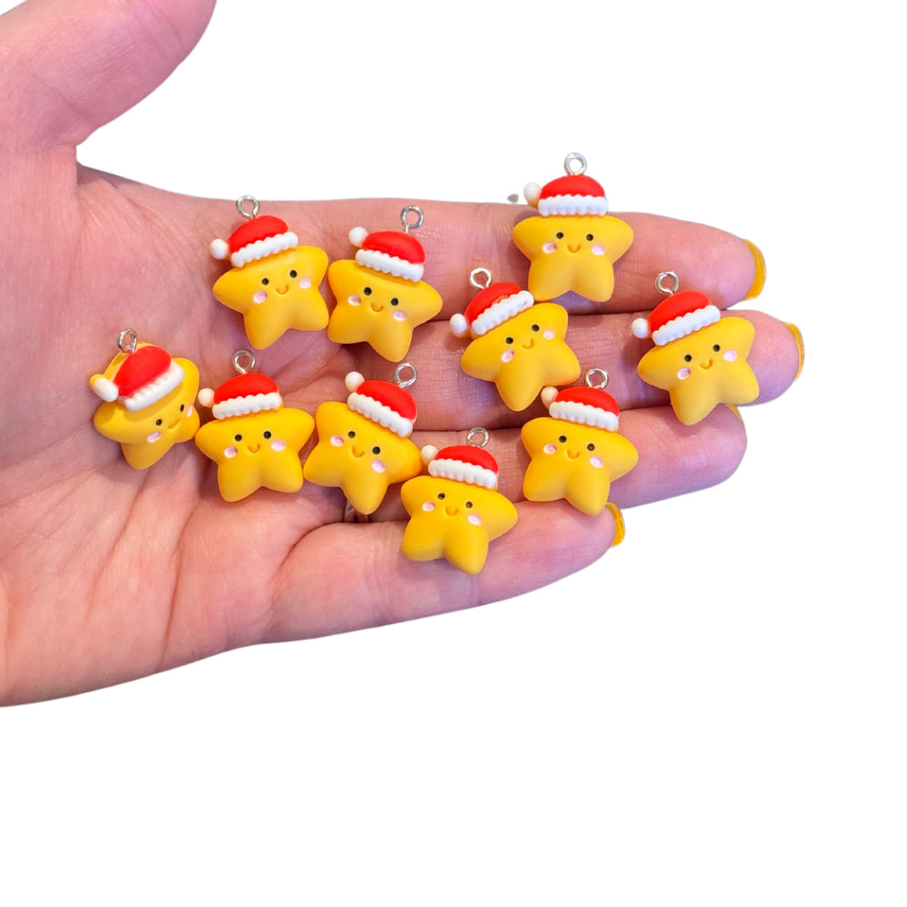 10pcs Christmas Star in Santa Hat Charms