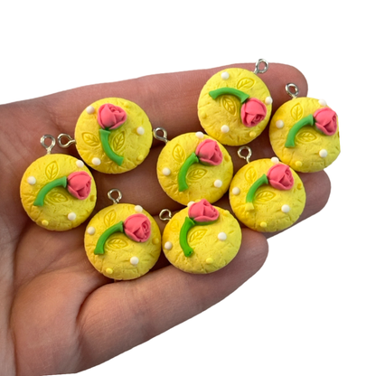 8pcs Pink Roses Yellow charms