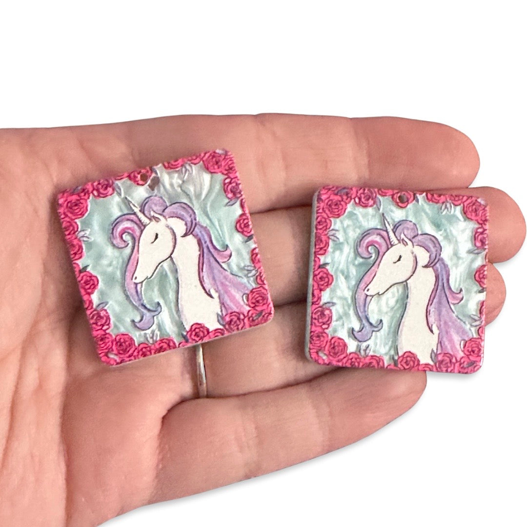 6pcs square Unicorn roses Charms